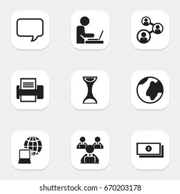 Set Of 9 Editable Bureau Icons. Includes Symbols Such As Dollar, Printing Machine, Earth And More. Can Be Used For Web, Mobile, UI And Infographic Design.