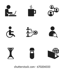 Set Of 9 Editable Bureau Icons. Includes Symbols Such As Globe, Search, Worker In Laptop And More. Can Be Used For Web, Mobile, UI And Infographic Design.