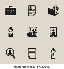 Set Of 9 Editable Bureau Icons. Includes Symbols Such As Portfolio, Businesswoman, File And More. Can Be Used For Web, Mobile, UI And Infographic Design.