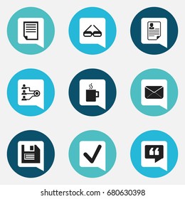 Set Of 9 Editable Bureau Icons. Includes Symbols Such As Floppy, Mug, Comment And More. Can Be Used For Web, Mobile, UI And Infographic Design.