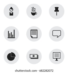 Set Of 9 Editable Bureau Icons. Includes Symbols Such As Dollar, Pushpin, Job Woman And More. Can Be Used For Web, Mobile, UI And Infographic Design.