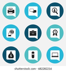Set Of 9 Editable Bureau Icons. Includes Symbols Such As Portfolio, Monitor, Conversation And More. Can Be Used For Web, Mobile, UI And Infographic Design.