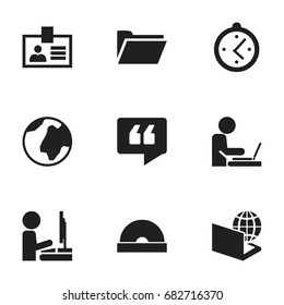 Set Of 9 Editable Bureau Icons. Includes Symbols Such As Earth, Globe, Work At The Computer And More. Can Be Used For Web, Mobile, UI And Infographic Design.