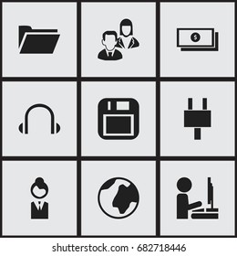 Set Of 9 Editable Bureau Icons. Includes Symbols Such As Dollar, Earphone, Job Woman And More. Can Be Used For Web, Mobile, UI And Infographic Design.