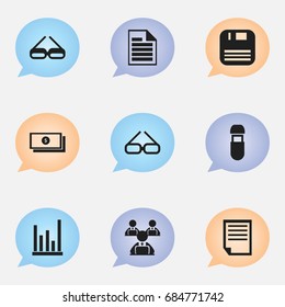 Set Of 9 Editable Bureau Icons. Includes Symbols Such As Line Chart, Dollar, Diskette And More. Can Be Used For Web, Mobile, UI And Infographic Design.