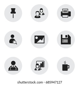 Set Of 9 Editable Bureau Icons. Includes Symbols Such As Presentation, Employee, Mug And More. Can Be Used For Web, Mobile, UI And Infographic Design.