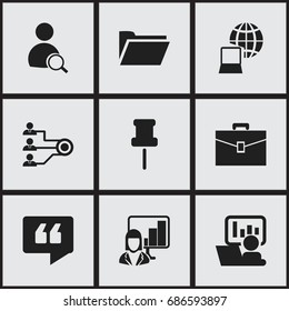 Set Of 9 Editable Bureau Icons. Includes Symbols Such As Publicity, World, Architecture And More. Can Be Used For Web, Mobile, UI And Infographic Design.