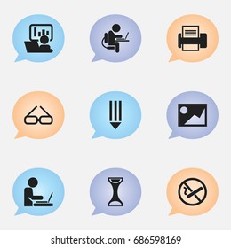 Set Of 9 Editable Bureau Icons. Includes Symbols Such As Publicity, Picture, Spectacle And More. Can Be Used For Web, Mobile, UI And Infographic Design.