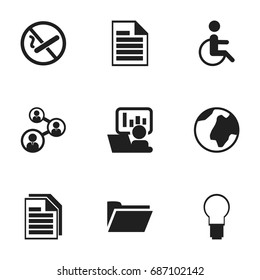Set Of 9 Editable Bureau Icons. Includes Symbols Such As Sheets, Staff, Smoking Forbidden And More. Can Be Used For Web, Mobile, UI And Infographic Design.