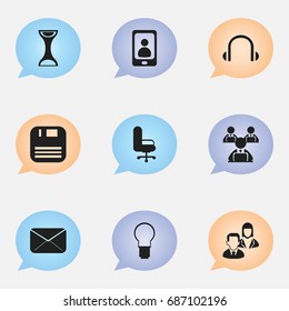 Set Of 9 Editable Bureau Icons. Includes Symbols Such As Earphone, Diskette, Telephone And More. Can Be Used For Web, Mobile, UI And Infographic Design.