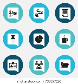 Set Of 9 Editable Bureau Icons. Includes Symbols Such As Staff, Dossier, Pushpin And More. Can Be Used For Web, Mobile, UI And Infographic Design.