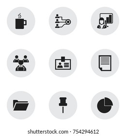 Set Of 9 Editable Bureau Icons. Includes Symbols Such As Mug, Worker With Laptop, Circle Diagram And More. Can Be Used For Web, Mobile, UI And Infographic Design.