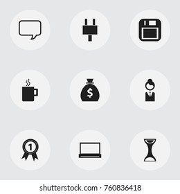 Set Of 9 Editable Bureau Icons. Includes Symbols Such As Money Bag, Socket, Floppy Disk And More. Can Be Used For Web, Mobile, UI And Infographic Design.