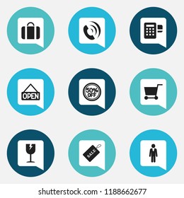 Set of 9 editable business icons. Includes symbols such as open, broken glass, card reader and more. Can be used for web, mobile, UI and infographic design.
