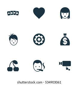 Set Of 9 Editable Business Icons. Includes Symbols Such As Female Face, Berry;, Smoker And More. Can Be Used For Web, Mobile, UI And Infographic Design.