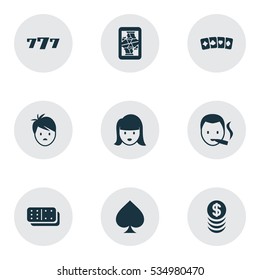 Set Of 9 Editable Business Icons. Includes Symbols Such As Bones Game, Lucky Seven, Card Suits And More. Can Be Used For Web, Mobile, UI And Infographic Design.