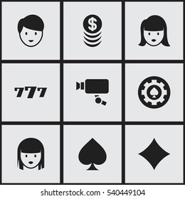 Set Of 9 Editable Business Icons. Includes Symbols Such As Casino Worker, Game Card, Tracking Cam And More. Can Be Used For Web, Mobile, UI And Infographic Design.