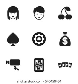 Set Of 9 Editable Business Icons. Includes Symbols Such As Berry;, Game Card, Casino Worker And More. Can Be Used For Web, Mobile, UI And Infographic Design.