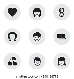 Set Of 9 Editable Business Icons. Includes Symbols Such As Luck Charm, Woman Face, Bones Game And More. Can Be Used For Web, Mobile, UI And Infographic Design.