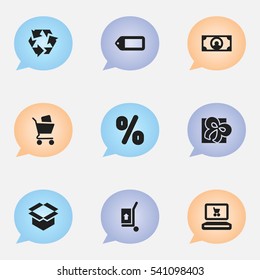 Set Of 9 Editable Business Icons. Includes Symbols Such As Wheelbarrow, Reuse, Package And More. Can Be Used For Web, Mobile, UI And Infographic Design.