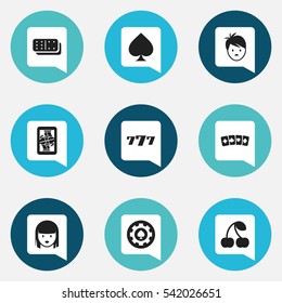 Set Of 9 Editable Business Icons. Includes Symbols Such As Female Face, Blackjack, Card Suits And More. Can Be Used For Web, Mobile, UI And Infographic Design.