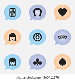 Set Of 9 Editable Business Icons. Includes Symbols Such As Black Heart, Female Face, Shamrock And More. Can Be Used For Web, Mobile, UI And Infographic Design.
