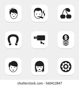 Set Of 9 Editable Business Icons. Includes Symbols Such As Luck Charm, Black Heart, Tracking Cam And More. Can Be Used For Web, Mobile, UI And Infographic Design.