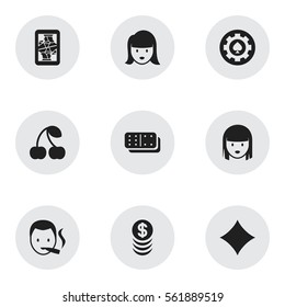Set Of 9 Editable Business Icons. Includes Symbols Such As Female Face, Berry;, Woman Face And More. Can Be Used For Web, Mobile, UI And Infographic Design.