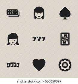 Set Of 9 Editable Business Icons. Includes Symbols Such As Blackjack, Love, Woman Face And More. Can Be Used For Web, Mobile, UI And Infographic Design.