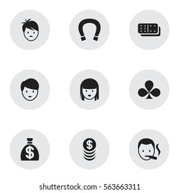 Set Of 9 Editable Business Icons. Includes Symbols Such As Female Face, Boy, Moneybag And More. Can Be Used For Web, Mobile, UI And Infographic Design.
