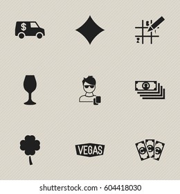 Set Of 9 Editable Business Icons. Includes Symbols Such As Currency Camion, Male Player, Moneys And More. Can Be Used For Web, Mobile, UI And Infographic Design.