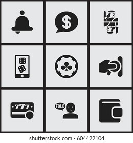 Set Of 9 Editable Business Icons. Includes Symbols Such As Thinking Man, Ring, Diamond Cards And More. Can Be Used For Web, Mobile, UI And Infographic Design.
