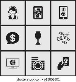 Set Of 9 Editable Business Icons. Includes Symbols Such As Wine, Gambling, Blackjack And More. Can Be Used For Web, Mobile, UI And Infographic Design.