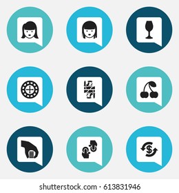 Set Of 9 Editable Business Icons. Includes Symbols Such As Exchange, Female Face, Wine And More. Can Be Used For Web, Mobile, UI And Infographic Design.
