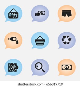 Set Of 9 Editable Business Icons. Includes Symbols Such As Trading Purse, Research, Swimming Trunks And More. Can Be Used For Web, Mobile, UI And Infographic Design.