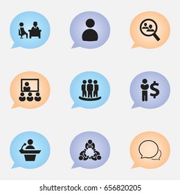 Set Of 9 Editable Business Icons. Includes Symbols Such As Talking Man, Male, Command. Can Be Used For Web, Mobile, UI And Infographic Design.