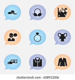 Set Of 9 Editable Business Icons. Includes Symbols Such As Brassiere, Cardigan, Amphora And More. Can Be Used For Web, Mobile, UI And Infographic Design.