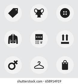 Set Of 9 Editable Business Icons. Includes Symbols Such As Amphora, Suspender, Clothes And More. Can Be Used For Web, Mobile, UI And Infographic Design.