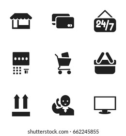 Set Of 9 Editable Business Icons. Includes Symbols Such As Automatic Teller Machine, Shopping Case, Direction And More. Can Be Used For Web, Mobile, UI And Infographic Design.