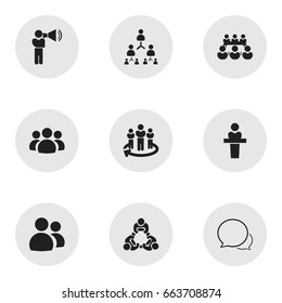 Set Of 9 Editable Business Icons. Includes Symbols Such As Conversation, Hierarchy, Debate And More. Can Be Used For Web, Mobile, UI And Infographic Design.