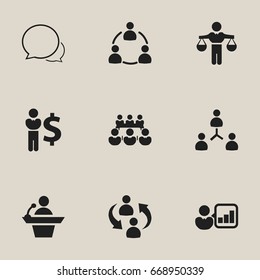 Set Of 9 Editable Business Icons. Includes Symbols Such As Conversation, Staff Structure, Talking Man And More. Can Be Used For Web, Mobile, UI And Infographic Design.