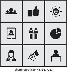 Set Of 9 Editable Business Icons. Includes Symbols Such As Team, Like, Circle Diagram And More. Can Be Used For Web, Mobile, UI And Infographic Design.