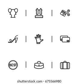 Set Of 9 Editable Business Icons. Includes Symbols Such As Debit Card, Mitten, Woman Bag And More. Can Be Used For Web, Mobile, UI And Infographic Design.