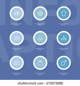 Set Of 9 Editable Business Icons. Includes Symbols Such As Hanger, Woman Bag, Photo Apparatus And More. Can Be Used For Web, Mobile, UI And Infographic Design.