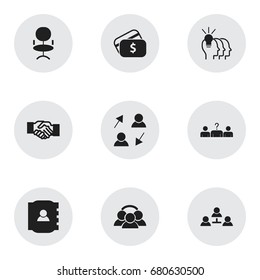 Set Of 9 Editable Business Icons. Includes Symbols Such As Greeting, Unity, Partnership And More. Can Be Used For Web, Mobile, UI And Infographic Design.