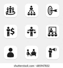 Set Of 9 Editable Business Icons. Includes Symbols Such As Leader, Publicity, Finding Solution And More. Can Be Used For Web, Mobile, UI And Infographic Design.