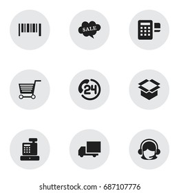 Set Of 9 Editable Business Icons. Includes Symbols Such As Backing Call, Package, Pushcart And More. Can Be Used For Web, Mobile, UI And Infographic Design.