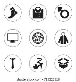 Set Of 9 Editable Business Icons. Includes Symbols Such As Necktie, Stiletto, Blouse And More. Can Be Used For Web, Mobile, UI And Infographic Design.