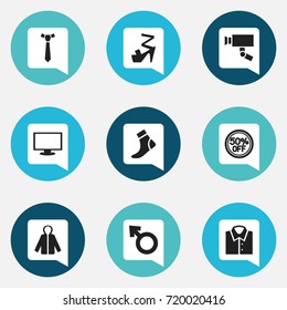 Set Of 9 Editable Business Icons. Includes Symbols Such As Necktie, Hosiery, Rebate And More. Can Be Used For Web, Mobile, UI And Infographic Design.