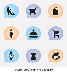 Set Of 9 Editable Business Icons. Includes Symbols Such As Shopping Bag, Stiletto, O Clock And More. Can Be Used For Web, Mobile, UI And Infographic Design.